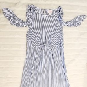 Isabel Maternity Flutter Off Shoulder Midi Dress, Size Small, Navy\White